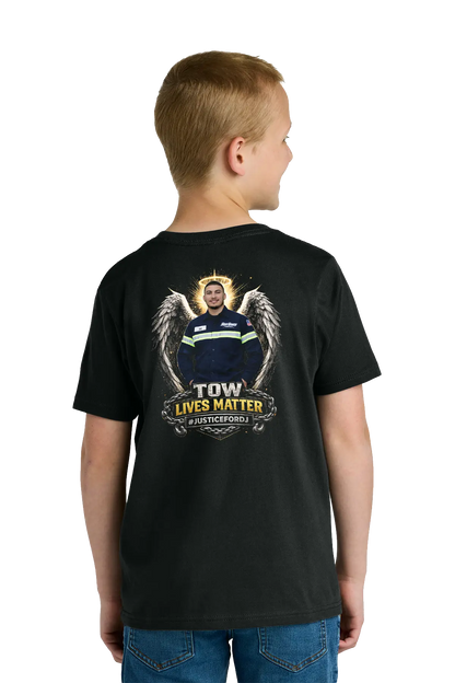 Child wearing a black t-shirt with a graphic design on the back, standing against a white background. #JusticeforDJ - Paper Street Print Co, Blairstown, NJ.