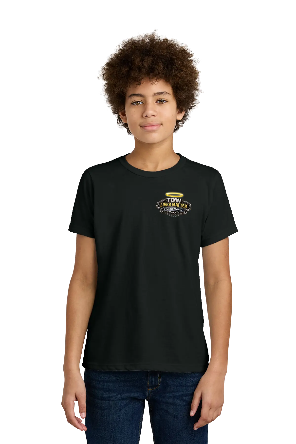 Person wearing a black t-shirt with a logo on a white background. #JusticeforDJ - Paper Street Print Co, Blairstown, NJ.