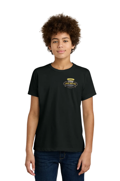 Person wearing a black t-shirt with a logo on a white background. #JusticeforDJ - Paper Street Print Co, Blairstown, NJ.