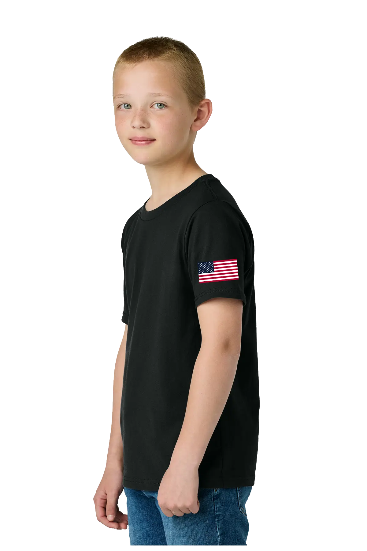 Young boy wearing a black t-shirt with an American flag on a white background. #JusticeforDJ - Paper Street Print Co, Blairstown, NJ.