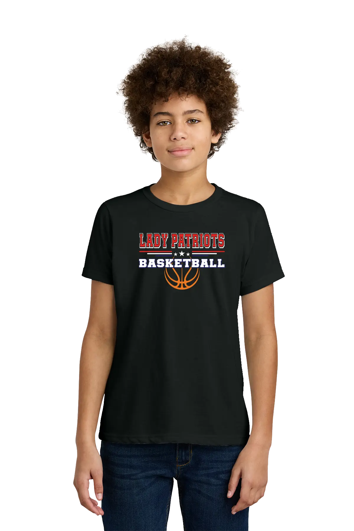 Person wearing a black t-shirt with 'LADY PATRIOTS BASKETBALL' text and design. Paper Street Print Co, Blairstown, NJ.
