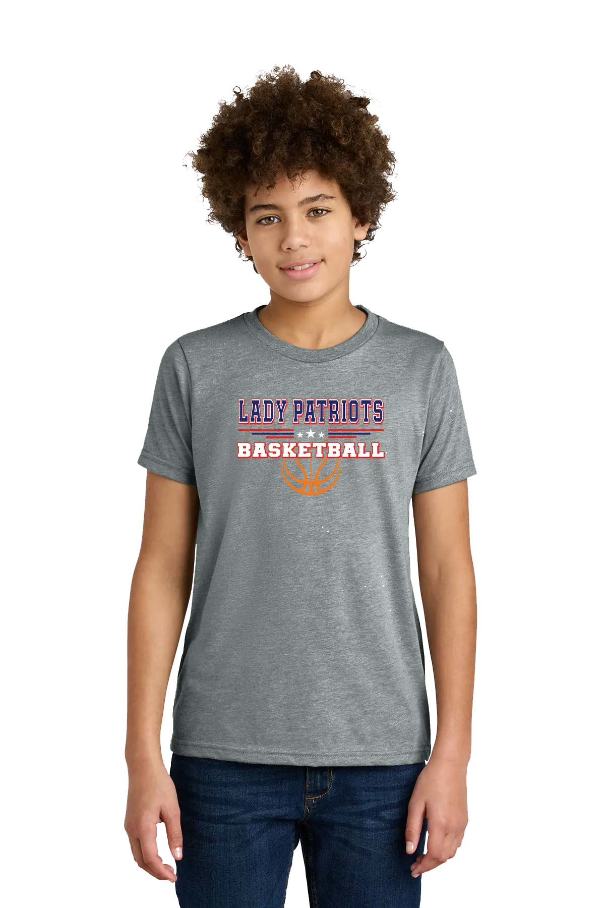 Person wearing a gray t-shirt with 'LADY PATRIOTS BASKETBALL' text and graphics. Paper Street Print Co, Blairstown, NJ.