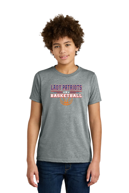 Person wearing a gray t-shirt with 'LADY PATRIOTS BASKETBALL' text and graphics. Paper Street Print Co, Blairstown, NJ.