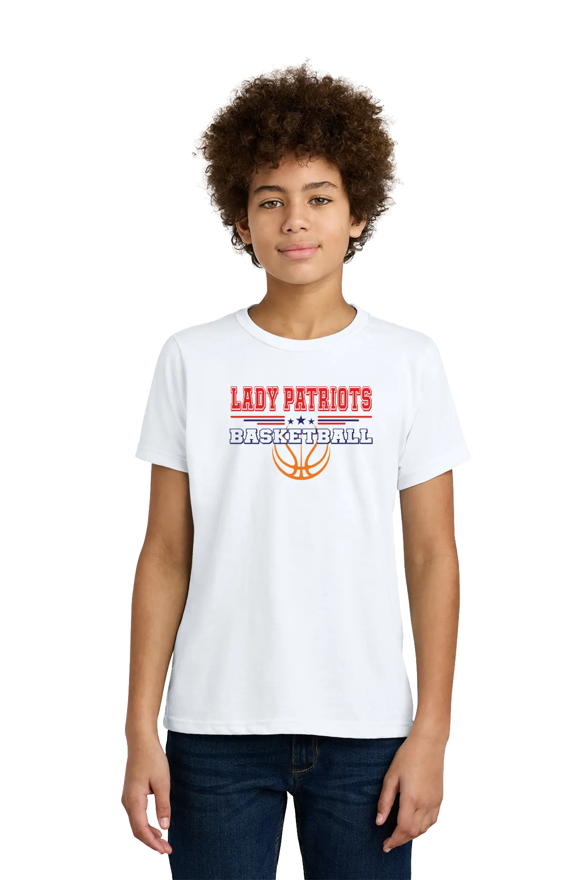 Person wearing a white t-shirt with 'LADY PATRIOTS BASKETBALL' text and design. Paper Street Print Co, Blairstown, NJ.