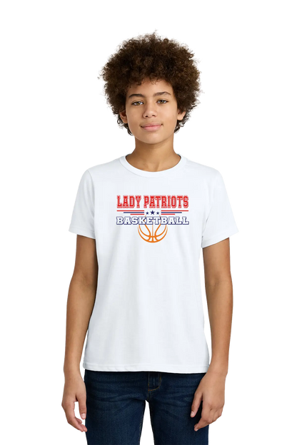 Person wearing a white t-shirt with 'LADY PATRIOTS BASKETBALL' text and design. Paper Street Print Co, Blairstown, NJ.