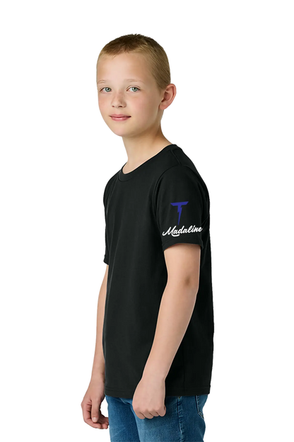 Young boy wearing a black t-shirt with branding on a white background. Paper Street Print Co, Blairstown, NJ.