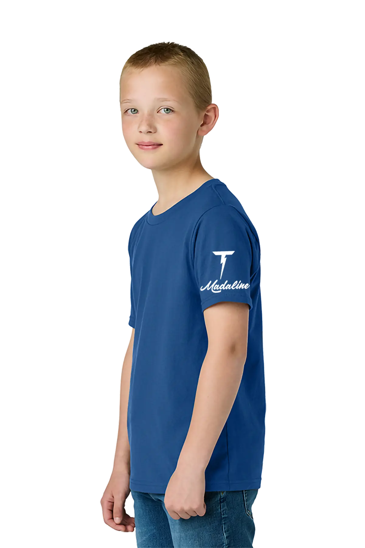 Child wearing a blue t-shirt with a logo on a white background. Paper Street Print Co, Blairstown, NJ.