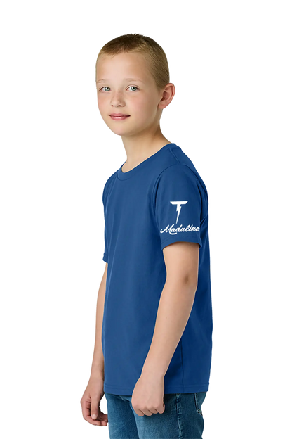 Child wearing a blue t-shirt with a logo on a white background. Paper Street Print Co, Blairstown, NJ.