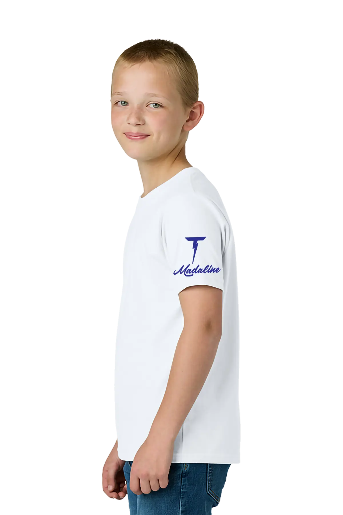 Young boy wearing a white t-shirt with a logo on the sleeve against a white background. Paper Street Print Co, Blairstown, NJ.