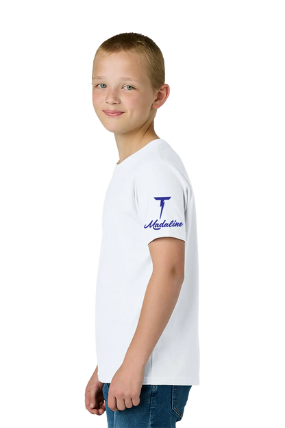 Young boy wearing a white t-shirt with a logo on the sleeve against a white background. Paper Street Print Co, Blairstown, NJ.