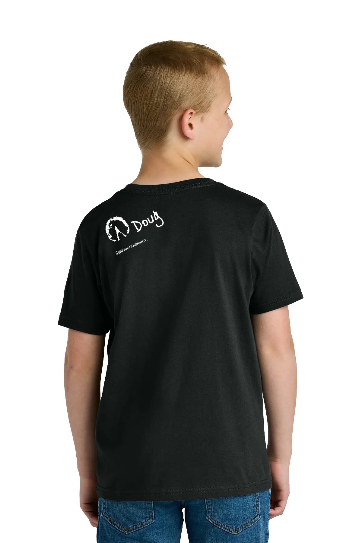 Child wearing a black t-shirt with a logo on the back, standing against a white background. BigDougEnergy Paper Street Print Co, Blairstown, NJ.