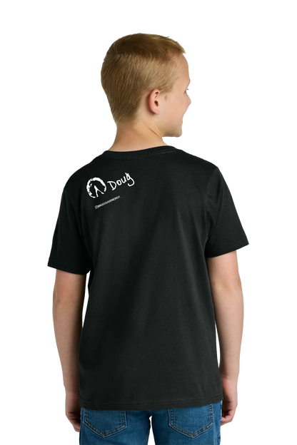 Child wearing a black t-shirt with a logo on the back, standing against a white background. BigDougEnergy Paper Street Print Co, Blairstown, NJ.