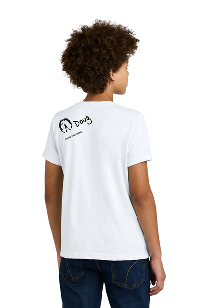 Person wearing a white t-shirt with a logo on the back, standing against a white background. BigDougEnergy Paper Street Print Co, Blairstown, NJ.