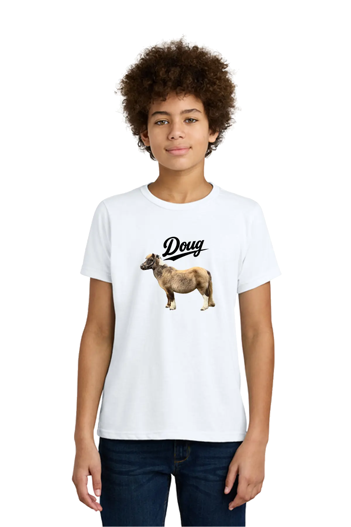 Person wearing a white t-shirt with a graphic of a dog and text on a white background. Paper Street Print Co, Blairstown, NJ.