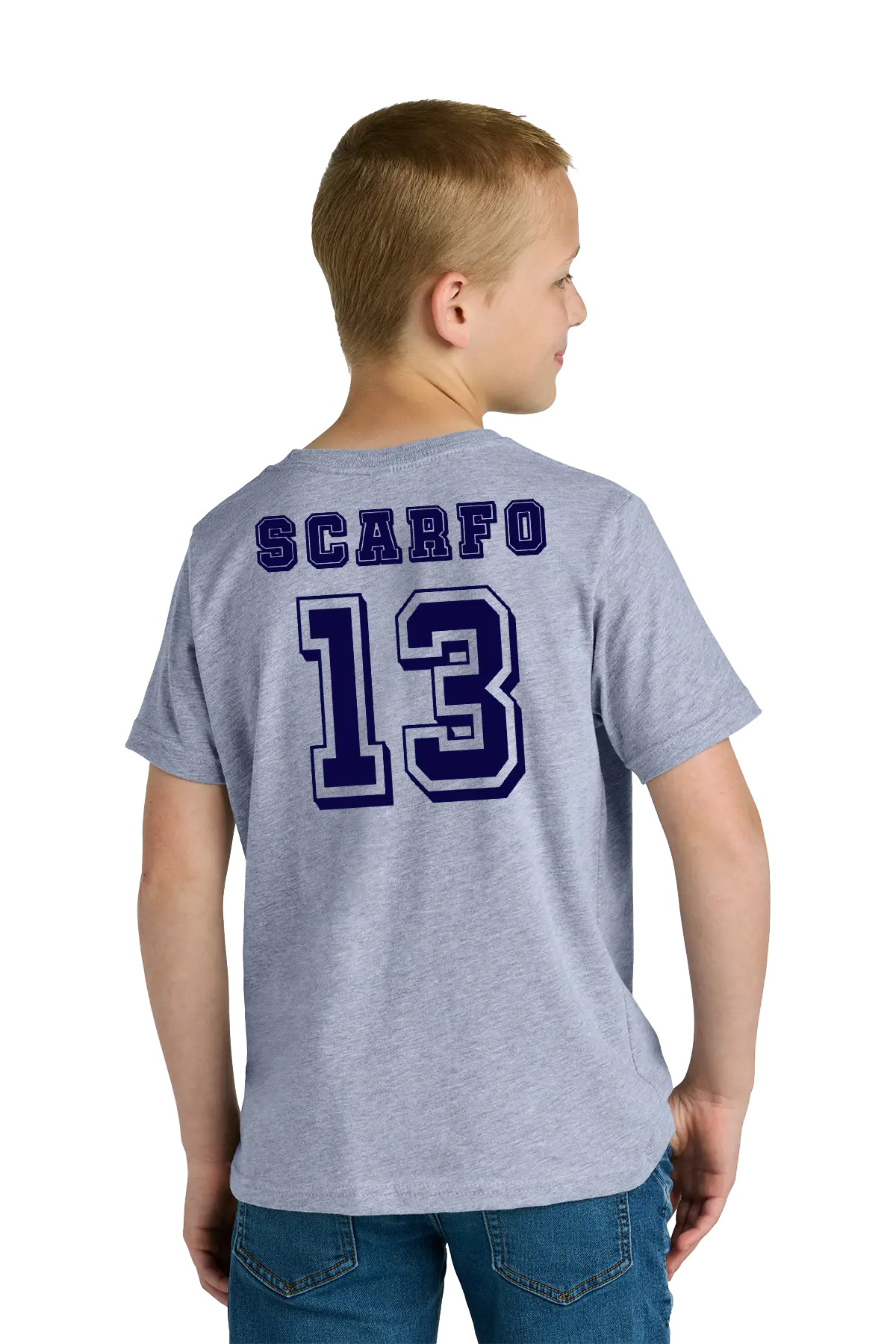 Child wearing a gray t-shirt with 'Scarfo 13' printed on the back, standing against a white background. Paper Street Print Co, Blairstown, NJ.