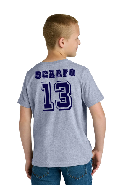 Child wearing a gray t-shirt with 'Scarfo 13' printed on the back, standing against a white background. Paper Street Print Co, Blairstown, NJ.