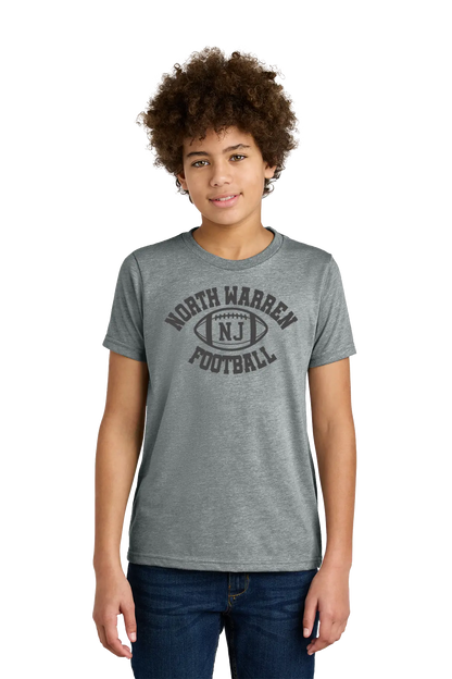 Person wearing a gray t-shirt with 'North Warren Football' text on a white background. Paper Street Print Co, Blairstown, NJ.
