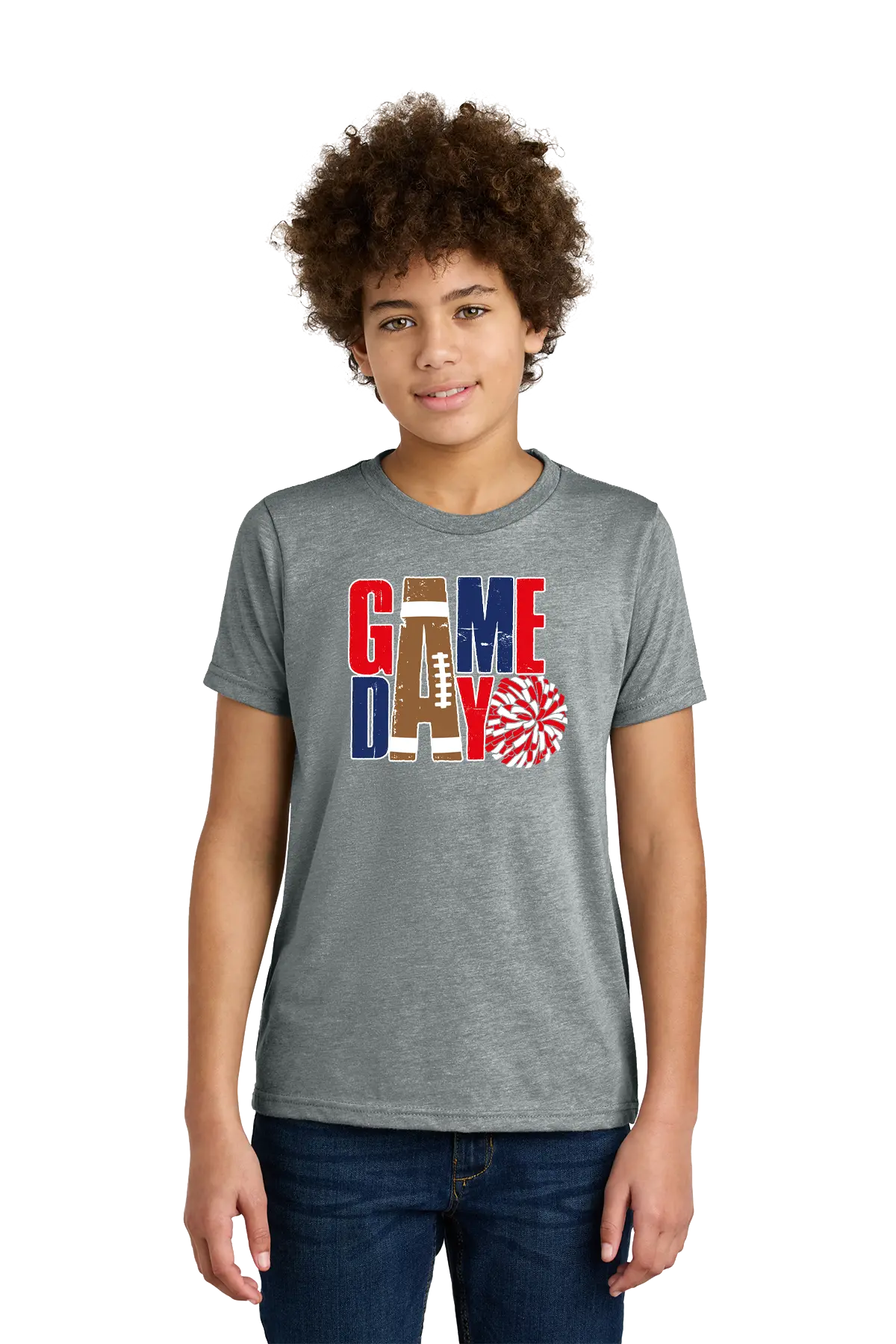 Person wearing a gray t-shirt with 'GAMEDAY' print on a white background. Paper Street Print Co, Blairstown, NJ.
