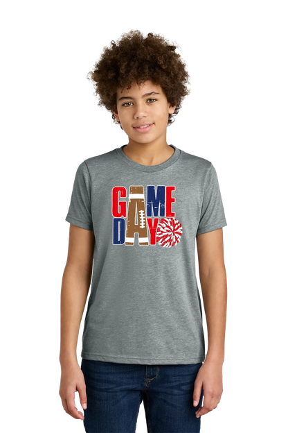 Person wearing a gray t-shirt with 'GAMEDAY' print on a white background. Paper Street Print Co, Blairstown, NJ.