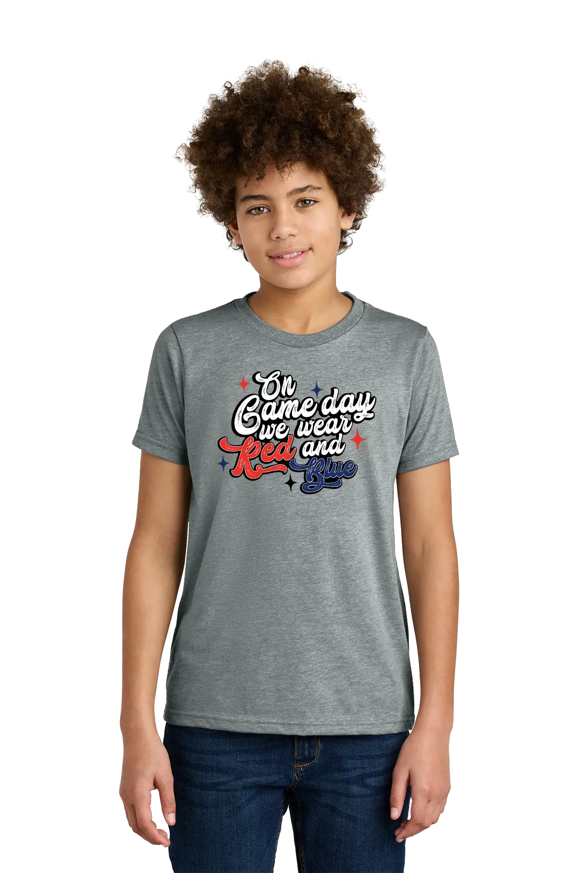 Person wearing a gray t-shirt with colorful text design on a white background. Paper Street Print Co, Blairstown, NJ.