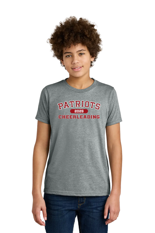 Person wearing a gray t-shirt with 'Patriots 2023 Cheerleading' text on a white background. Paper Street Print Co, Blairstown, NJ.