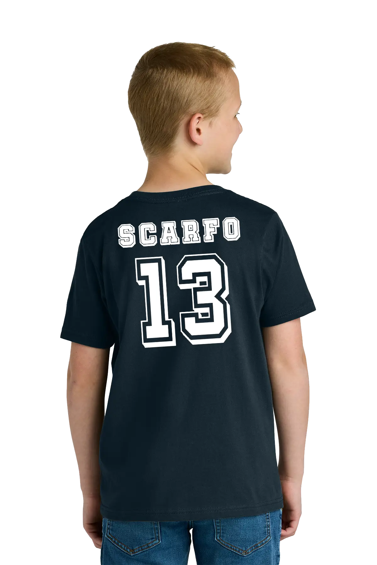 Child wearing a black t-shirt with 'SCARFO' and number '13' on the back. Paper Street Print Co, Blairstown, NJ.