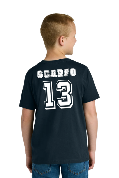 Child wearing a black t-shirt with 'SCARFO' and number '13' on the back. Paper Street Print Co, Blairstown, NJ.