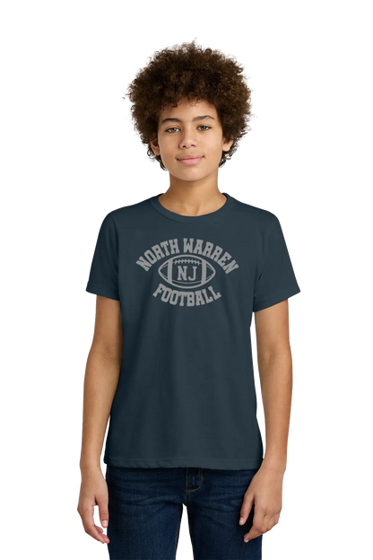 Person wearing a navy blue t-shirt with 'North Warren N.J. Football' text on a white background. Paper Street Print Co, Blairstown, NJ.
