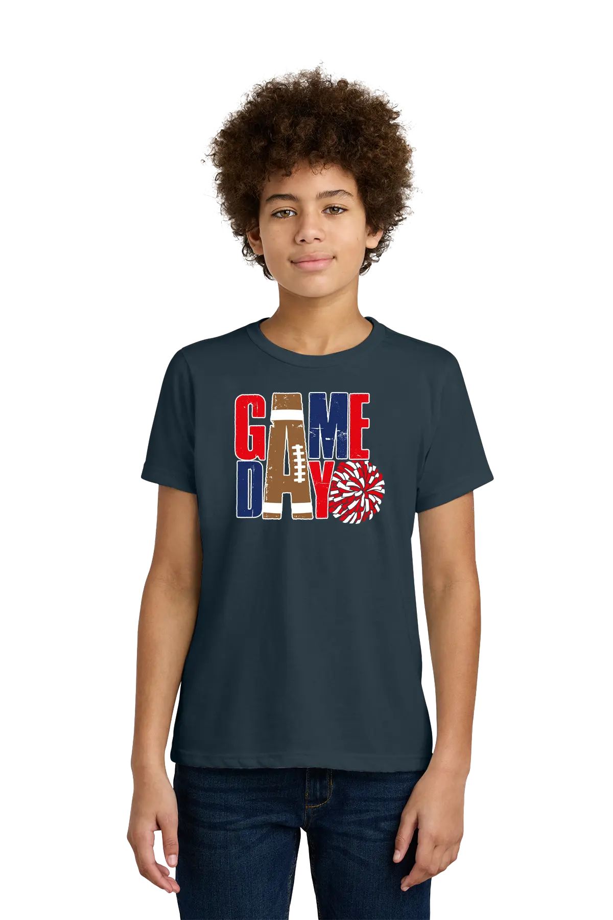 Child wearing a navy blue t-shirt with 'GAMEDAY' print on a white background. Paper Street Print Co, Blairstown, NJ.