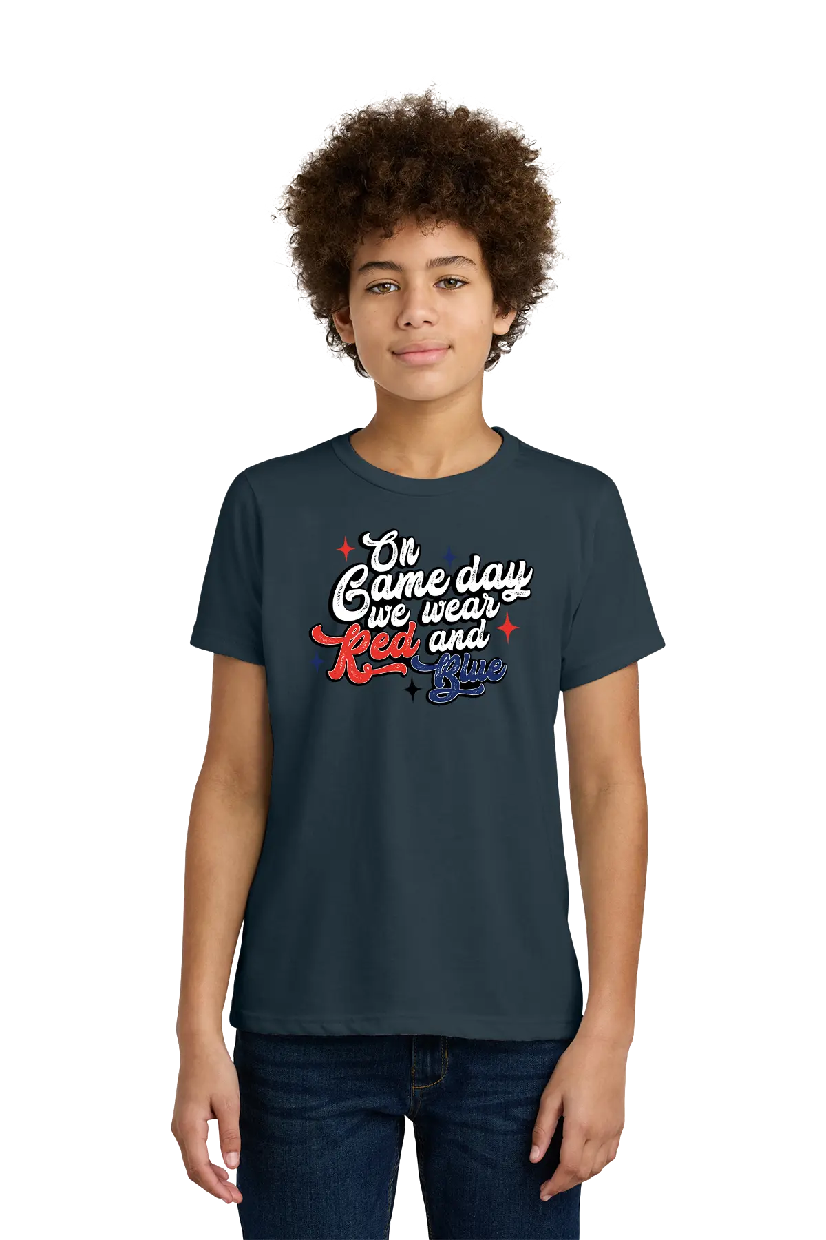 Person wearing a navy blue t-shirt with text on a white background. Paper Street Print Co, Blairstown, NJ.