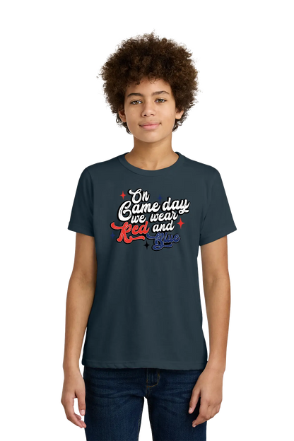 Person wearing a navy blue t-shirt with text on a white background. Paper Street Print Co, Blairstown, NJ.