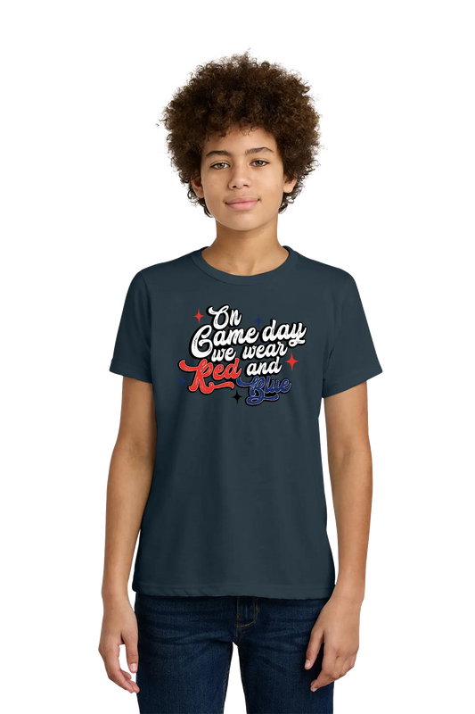 Person wearing a navy blue t-shirt with text on a white background. Paper Street Print Co, Blairstown, NJ.