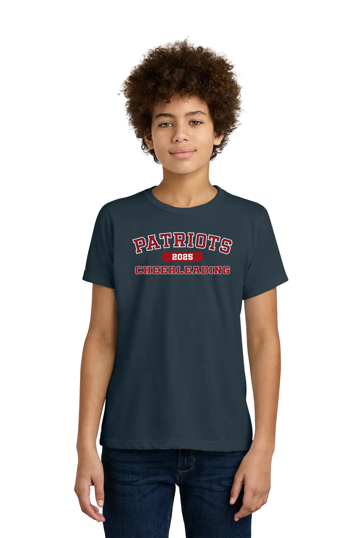 Person wearing a navy t-shirt with 'Patriots 2023 Cheerleading' text on a white background. Paper Street Print Co, Blairstown, NJ.