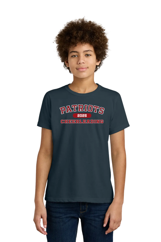 Person wearing a navy t-shirt with 'Patriots 2023 Cheerleading' text on a white background. Paper Street Print Co, Blairstown, NJ.