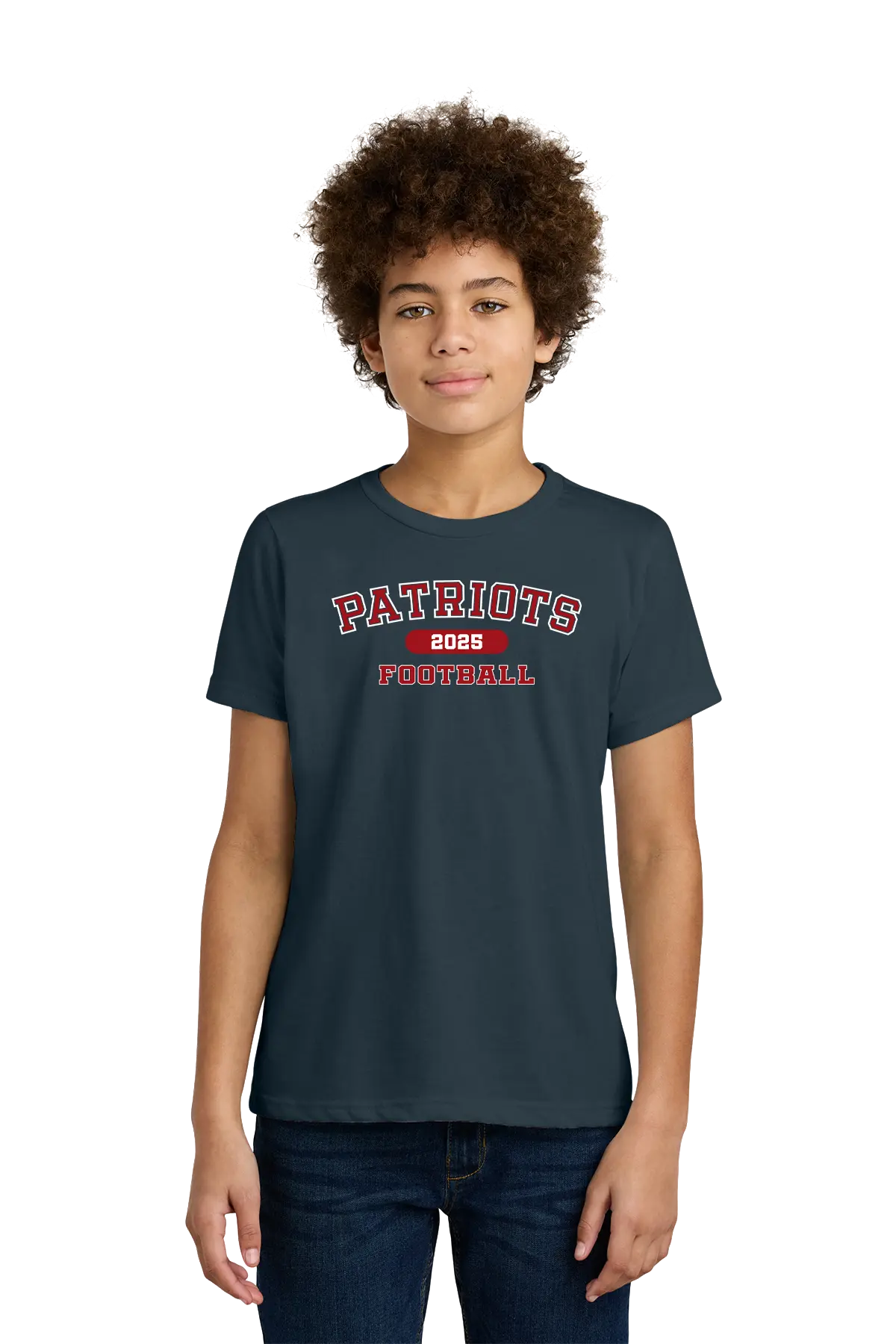 Person wearing a navy blue t-shirt with 'Patriots Football' text on a white background. Paper Street Print Co, Blairstown, NJ.