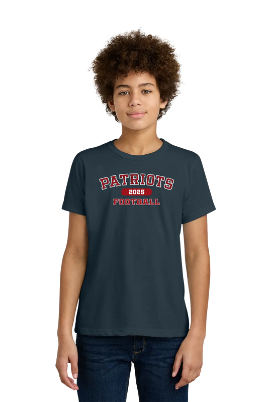 Person wearing a navy blue t-shirt with 'Patriots Football' text on a white background. Paper Street Print Co, Blairstown, NJ.