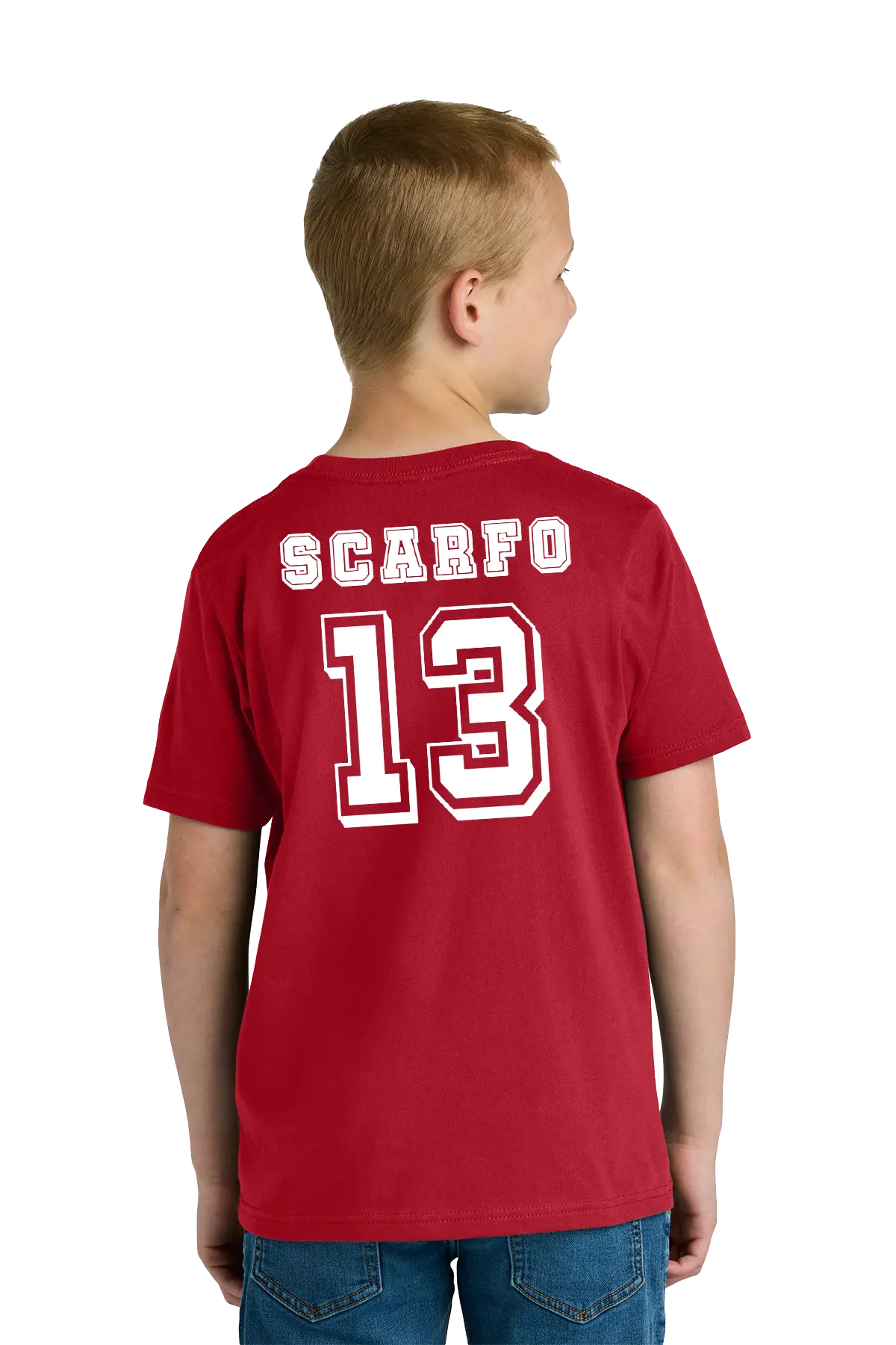 Person wearing a red t-shirt with 'SCARFO 13' printed on the back, standing against a white background. Paper Street Print Co, Blairstown, NJ.