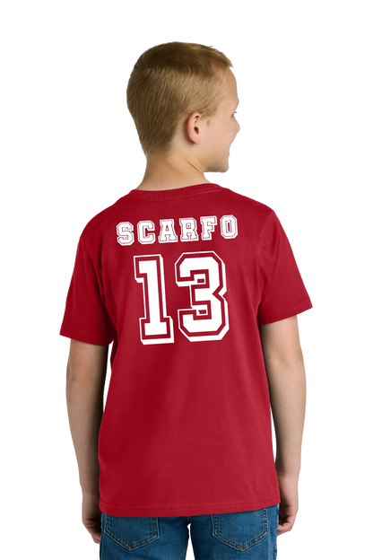 Person wearing a red t-shirt with 'SCARFO 13' printed on the back, standing against a white background. Paper Street Print Co, Blairstown, NJ.
