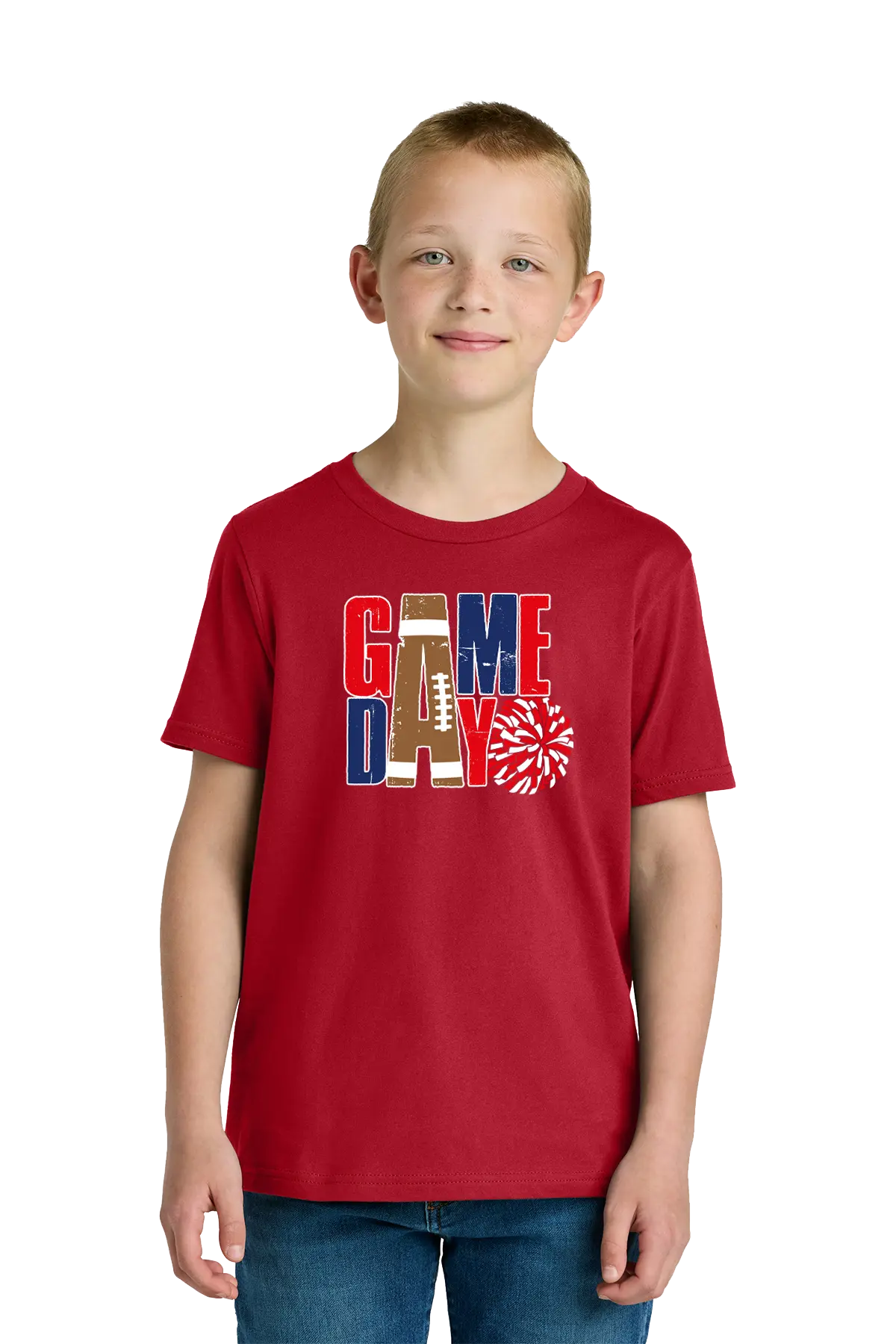 Child wearing a red 'Game Day' t-shirt with football and cheerleading graphics on a white background. Paper Street Print Co, Blairstown, NJ.