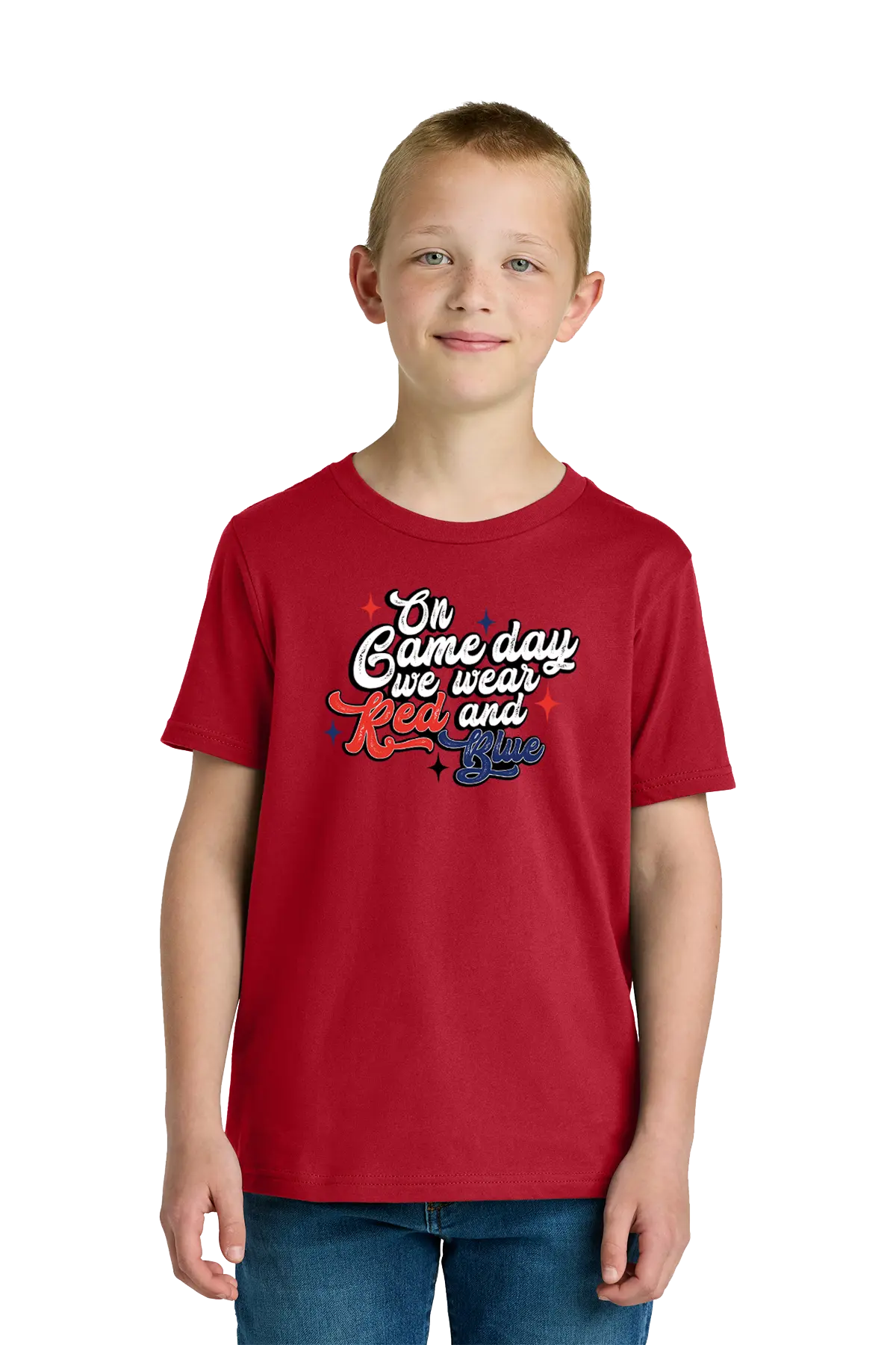Child wearing a red t-shirt with text on a white background. Paper Street Print Co, Blairstown, NJ.