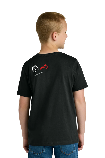 Child wearing a black t-shirt with a logo on the back, standing against a white background. Paper Street Print Co, Blairstown, NJ.