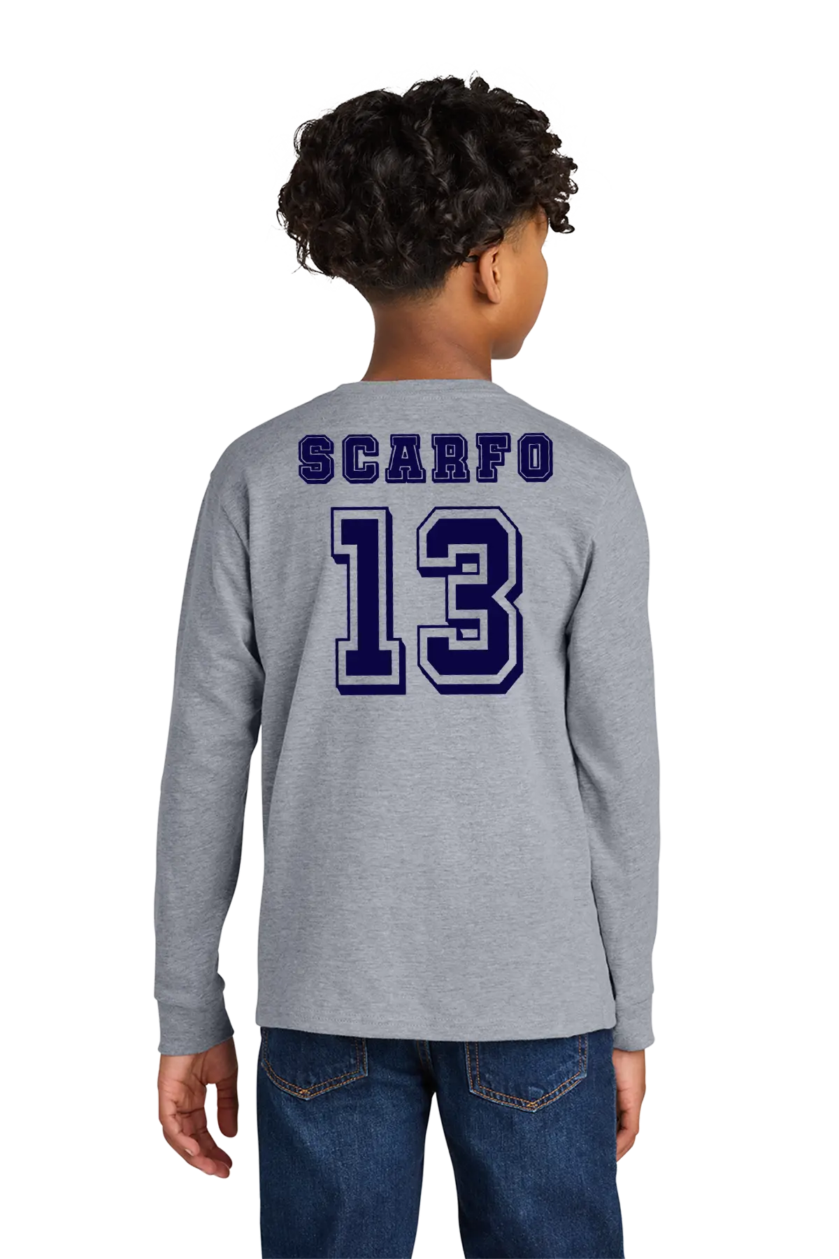 Child wearing a gray long-sleeve shirt with 'SCARFO 13' printed on the back, standing against a white background. Paper Street Print Co, Blairstown, NJ.