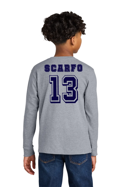 Child wearing a gray long-sleeve shirt with 'SCARFO 13' printed on the back, standing against a white background. Paper Street Print Co, Blairstown, NJ.
