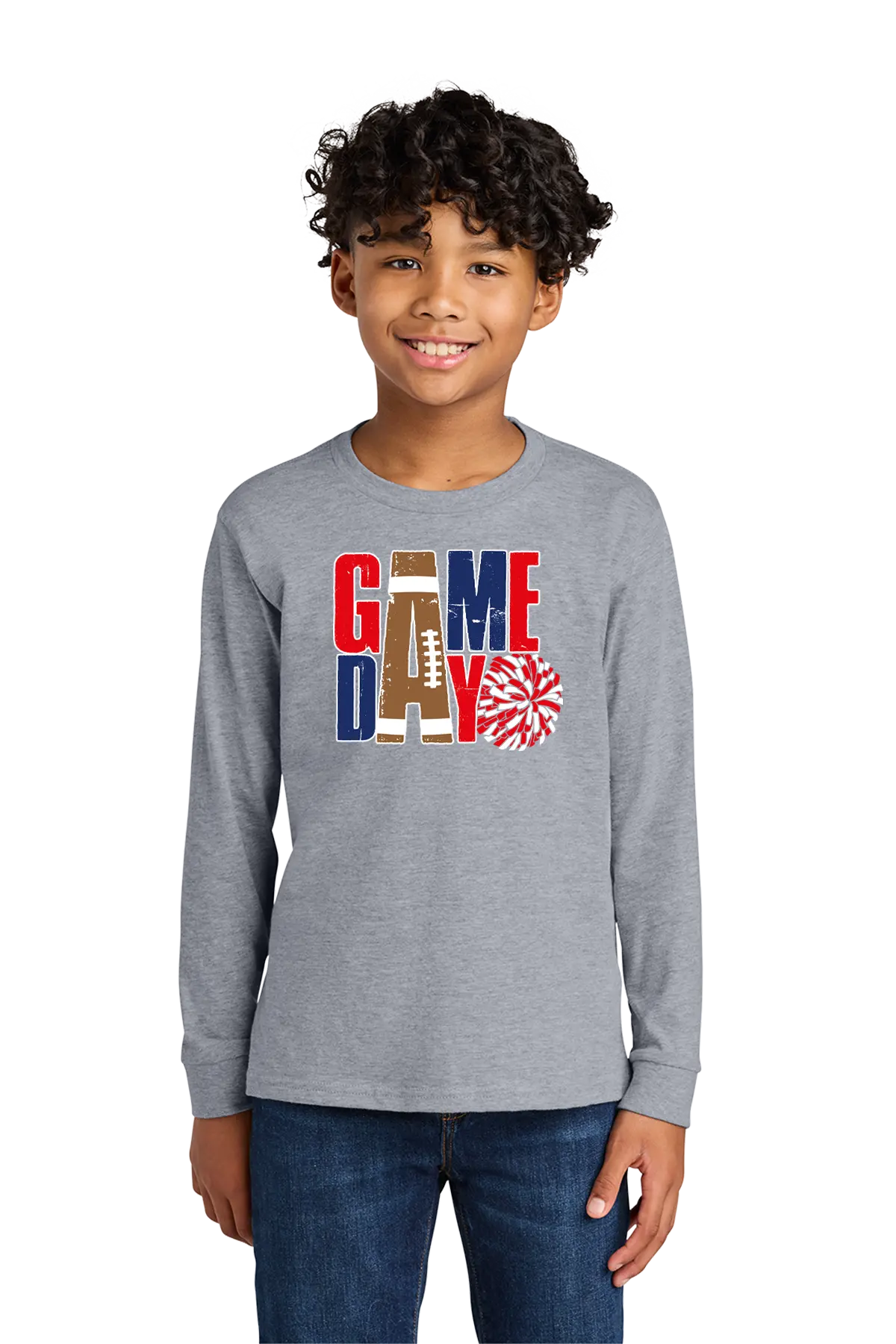 Child wearing a gray long-sleeve shirt with 'GAME DAY' print on a white background. Paper Street Print Co, Blairstown, NJ.