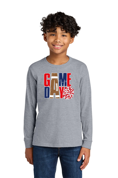 Child wearing a gray long-sleeve shirt with 'GAME DAY' print on a white background. Paper Street Print Co, Blairstown, NJ.