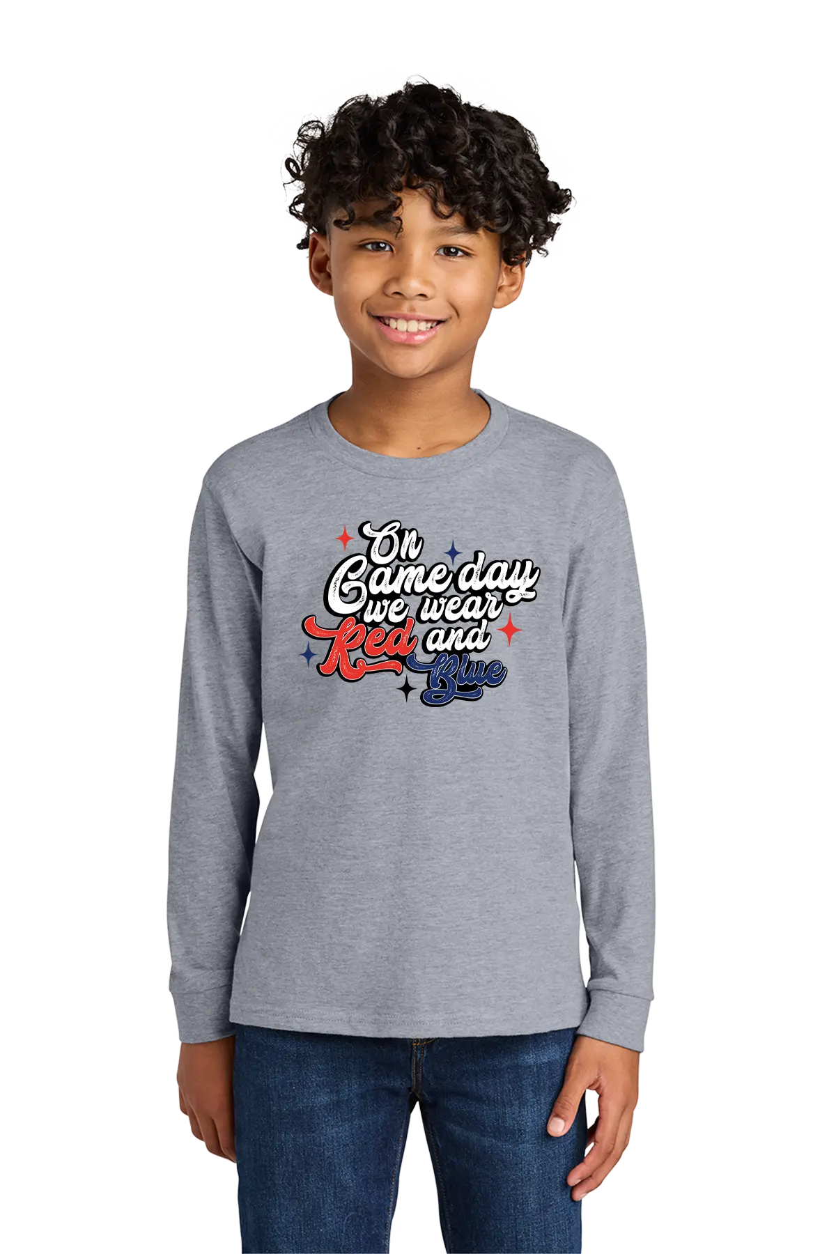Child wearing a gray long-sleeve shirt with text and graphics on a white background. Paper Street Print Co, Blairstown, NJ.