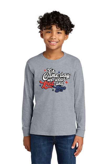 Child wearing a gray long-sleeve shirt with text and graphics on a white background. Paper Street Print Co, Blairstown, NJ.