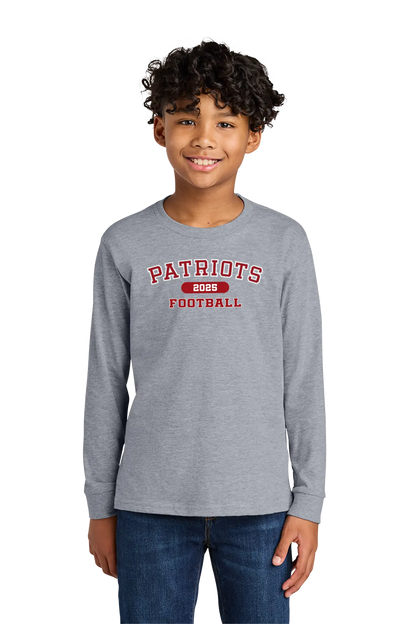 Child wearing a gray long-sleeve shirt with 'Patriots Football' text on a white background. Paper Street Print Co, Blairstown, NJ.