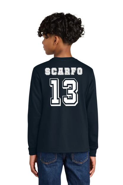 Person wearing a black long-sleeve shirt with 'SCARFO 13' printed on the back, standing against a white background. Paper Street Print Co, Blairstown, NJ.