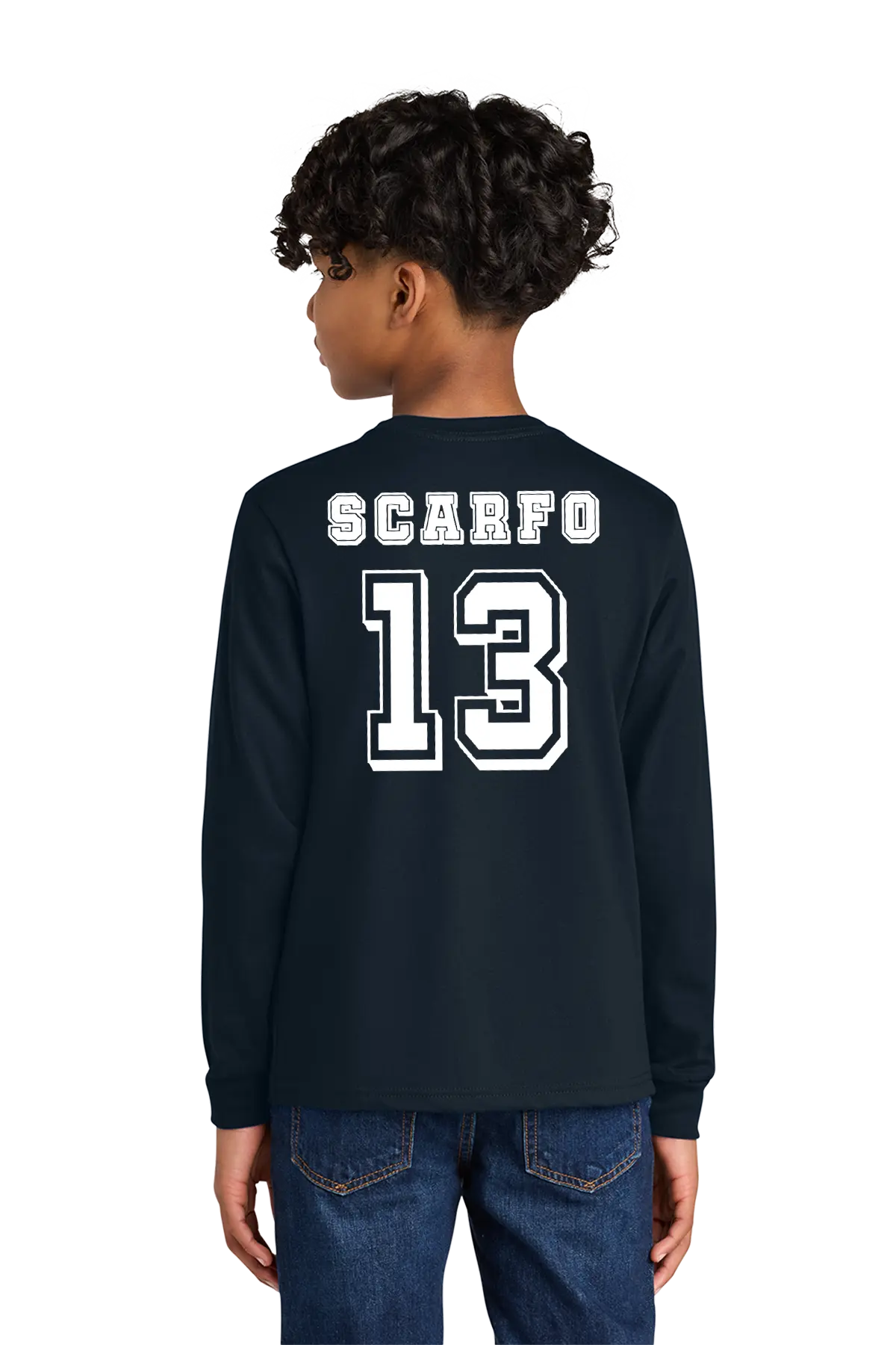 Person wearing a black long-sleeve shirt with 'SCARFO 13' printed on the back, standing against a white background. Paper Street Print Co, Blairstown, NJ.